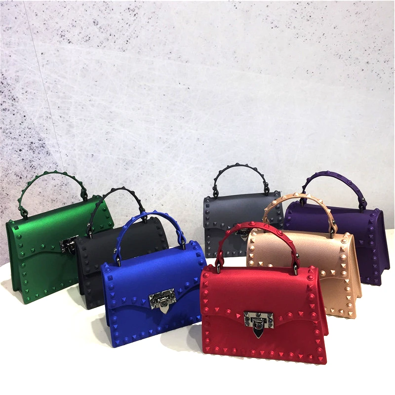 Модная женская Радужная сумка на одно плечо, матовая ПВХ сумка с заклепками, Желейный кошелек, сумки для женщин, роскошные кошельки, сумочка