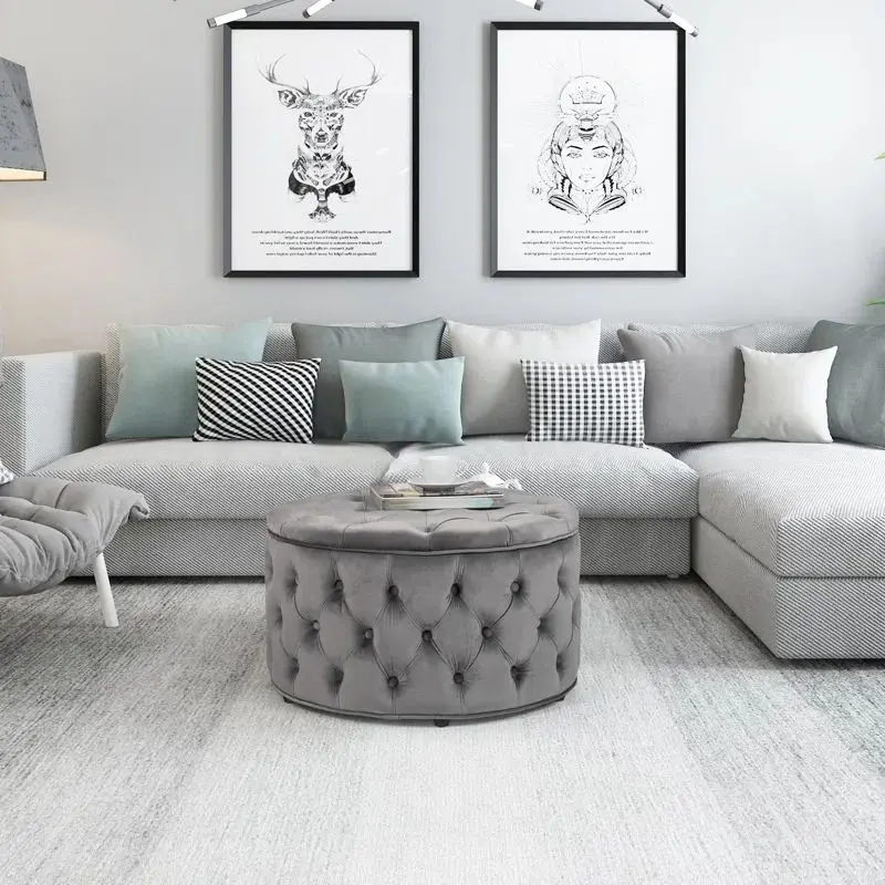 French Tufted Wood Cat Stool Round Velvet Ottoman Tray Upholstered Buttoned Sofa Foots Ottoman
