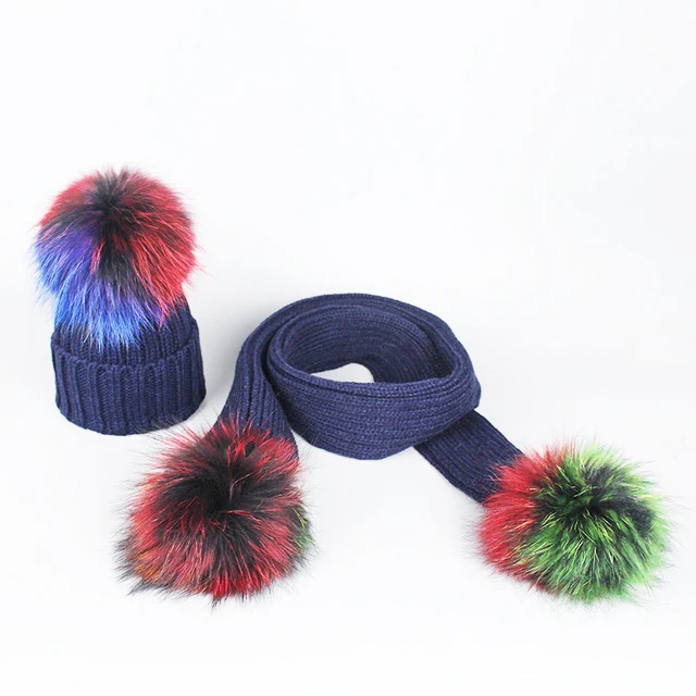 Good quality sell well handmade pure color fur pompom knitted scarf