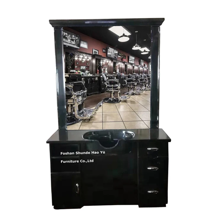 BS02 black barber table with mirrors barber station with bowl