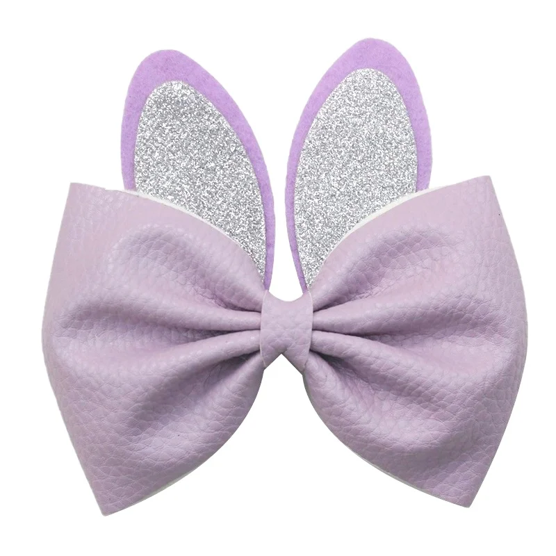 5.5' Glitter rabbit hair bows easter bunny inspired leather clip for girl toddle hair accessories