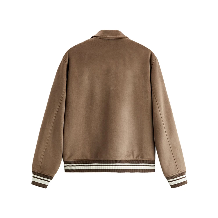 Men faux suede bomber jacket with patch and embroidery ribbed trims snap button front