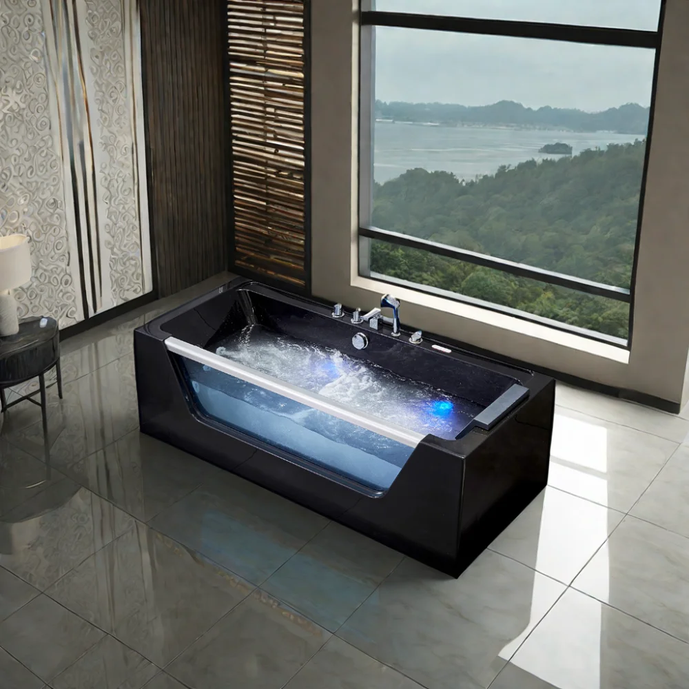 New design hot sale luxury black glass big massage acrylic whirlpool bath tubs bathtubs for adult