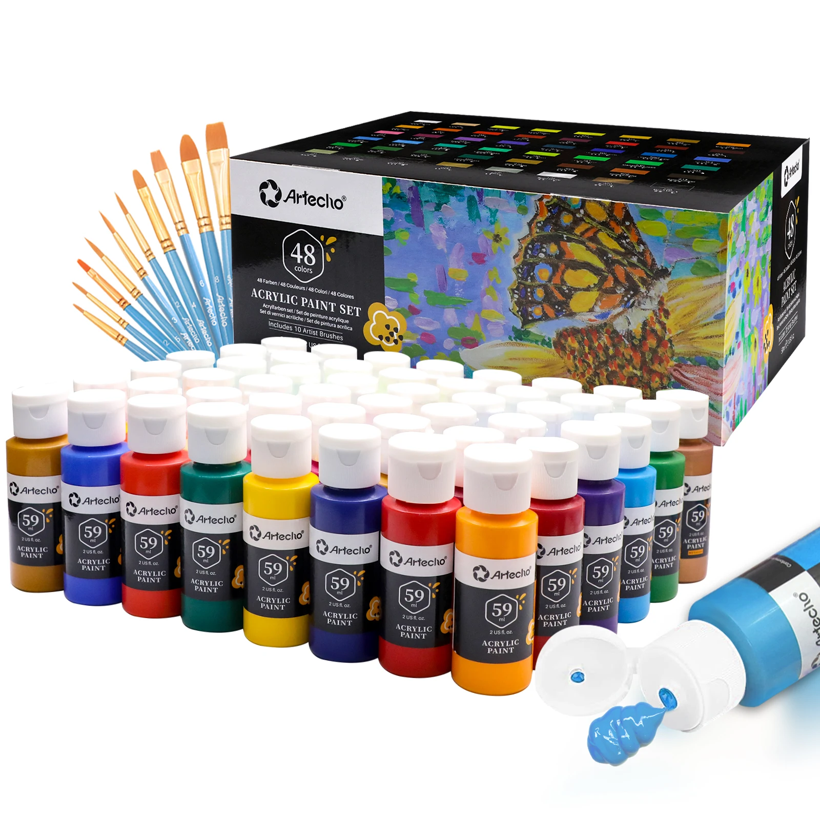 Artecho NEW artist paint 48 Colors(59ml/2oz) Acrylic Paint with 10pcs brushes paint set