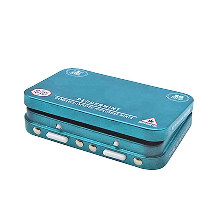 Custom small rectangular child resistant metal box mint pill C B D anti open hinged lid childproof pop button lock CR tin case