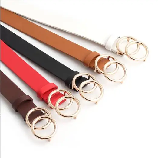 Women Leather Belts Faux Leather Jeans Belts Double O-Ring Buckle belt