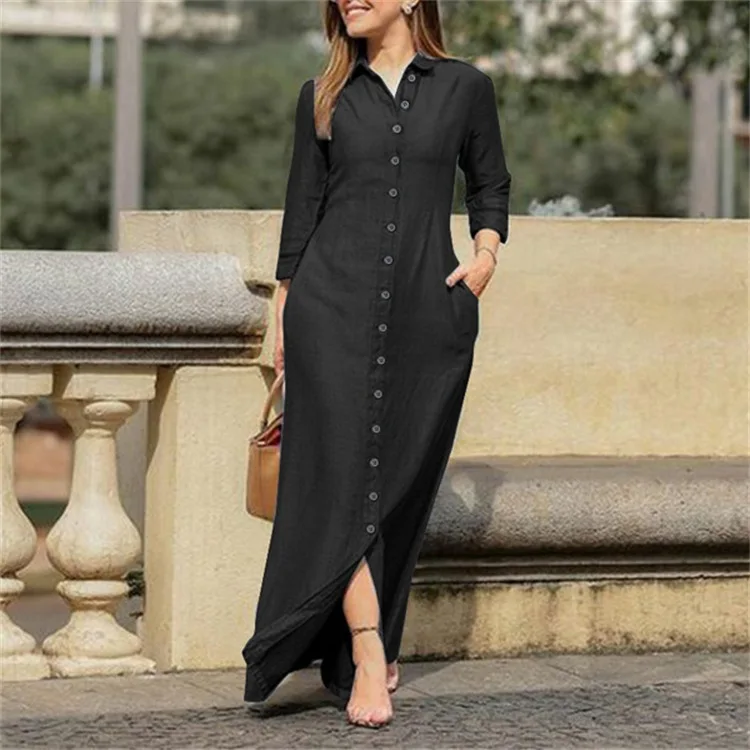 New Women Denim Shirt Dress Button Up Pocketed Maxi Dress Plus Size 5XL Female Casual Solid Long Dresses