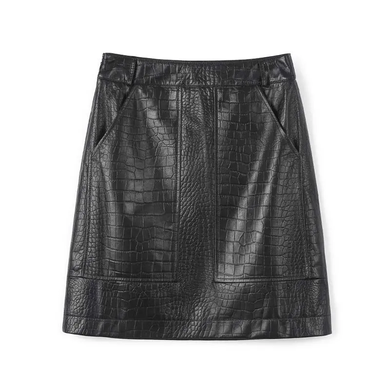 Fashion Women Embossed Pu Leather A-line Mini Skirt High Waist Short Length With Zipper Sexy Black Slim Girl Skirts