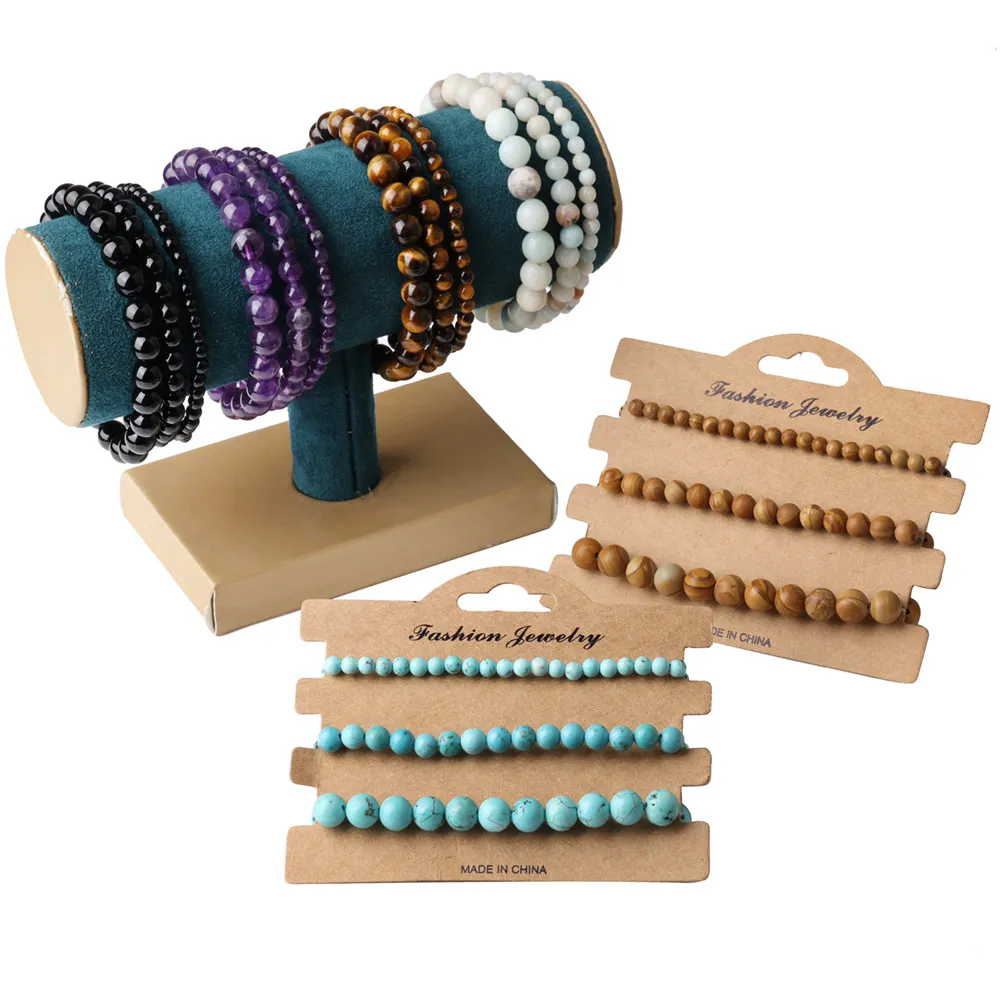 4mm 6mm 8mm Semi-precious Natural Agate Jasper Tiger Eye Rhodonite Rose Pink Quartz Amethyst Hematite Beads Elastic Set Bracelet