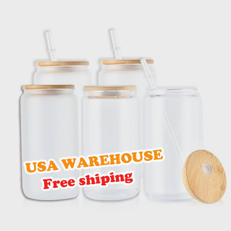 Us Warehouse 16oz Sublimation Clear Frosted Can Glass Mug 16oz Beer Can Cups With Bamboo Lid And Straws
