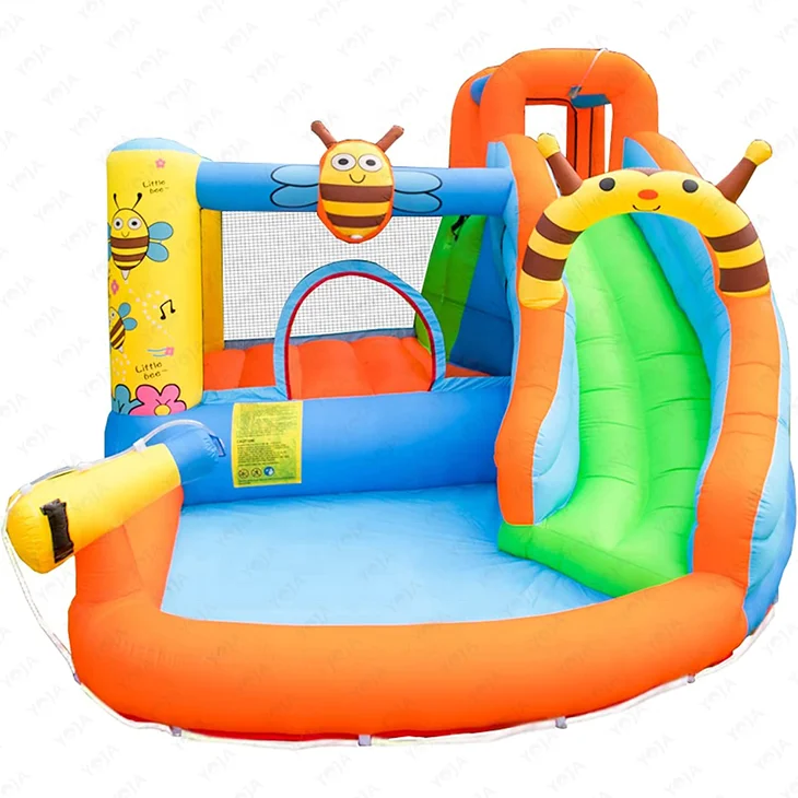Cute Little Bee Design Inflatable Climbing Water Slide Bounce House with Spray Water Pool and Blower for Kids Outdoor Party Fun
