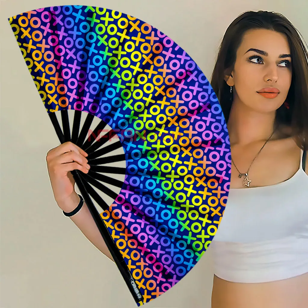 Custom Printed UV Reflective Big Party Freaky Rave Bamboo Fabric Hand Fan Handheld Folding Clack Dance Fan