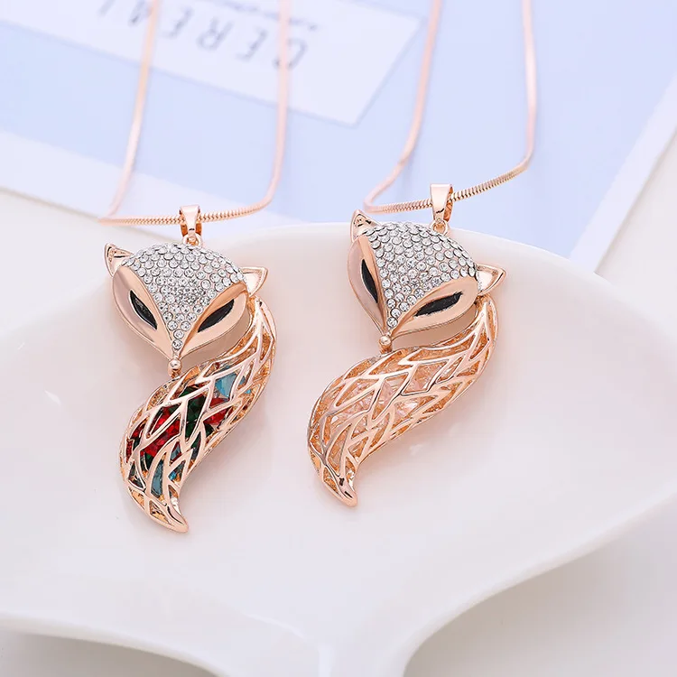Trending Fashion Jewelry Gold Plated Crystal Big Pendant Nine Tail Fox Long Chain Necklace For women
