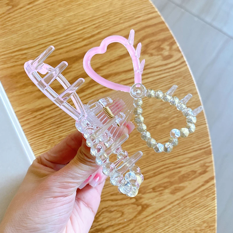 HONEY FLOWER Korean Style Rhine-diamond Pearl Love-heart Bowknot Shape 9cm Size Transparent Half Candy Color Hair Claw Clip