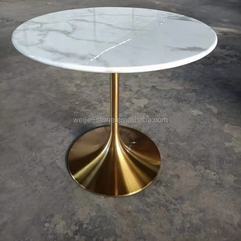 Mid Century Furniture Gold Leaf And White Marble Tulip Round Dining Table