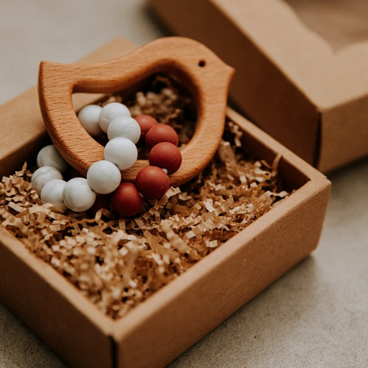 Olive Oil Natural Wooden Food Grade Silicone Baby Animal Teether Chewing Bracelet Rattle