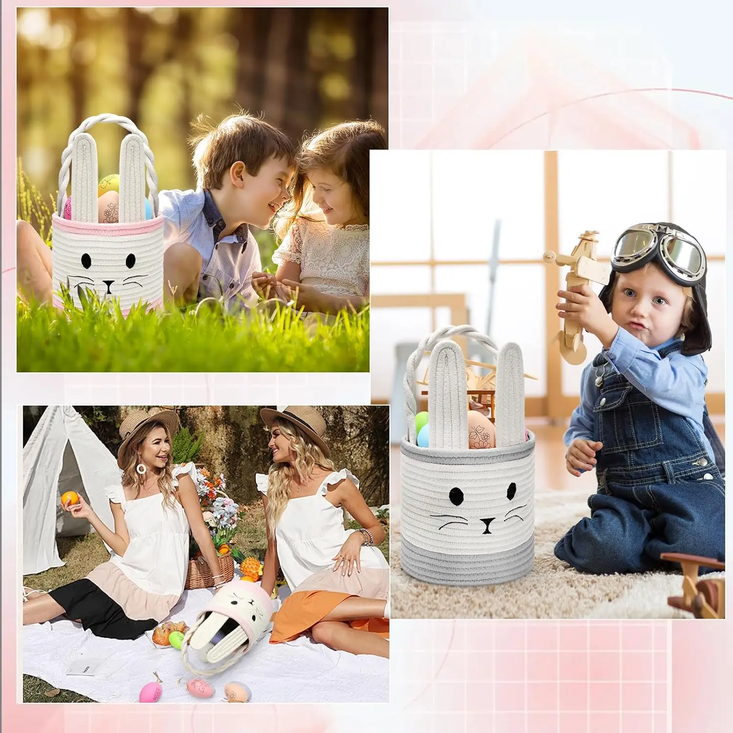 Hot-Sale Products Cute Bunny Ear Design Multi-Color Easter Gift Baskets Handwoven Cotton Rope Storage Baskets With Handles