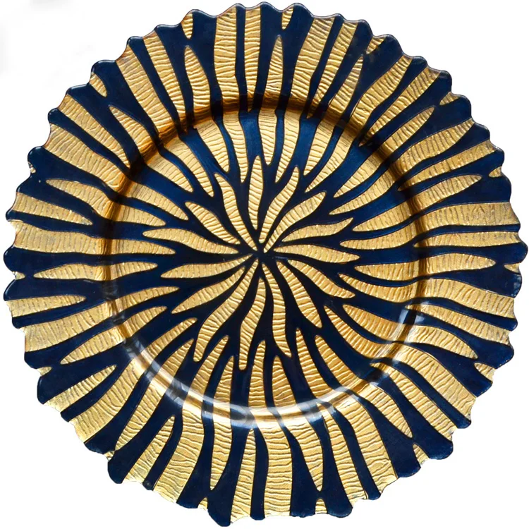 Telsen cheap wholesale 13 inches black gold glass charger plates wedding plates
