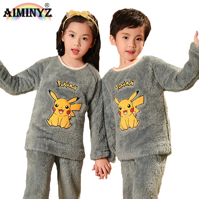 AIMINYZ Wholesale Thickened Polar Flannel Child Round Neck Comfortable Pajamas Sets Long Sleeve Oversize Girl Loose Sleepwear