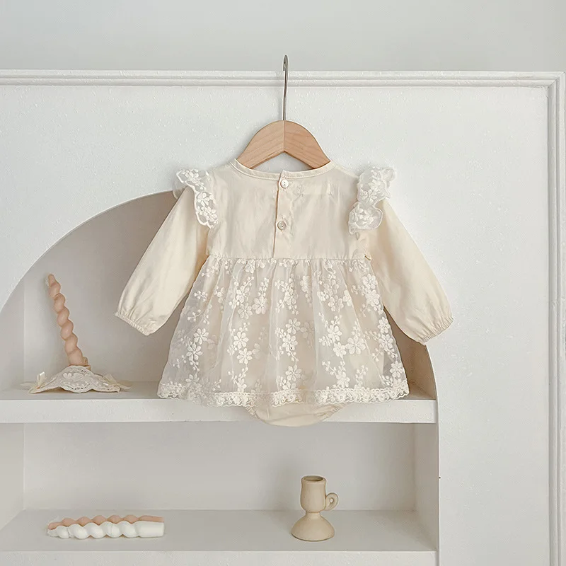 Baby dresses Long-Sleeved Baby Jumpsuit with Hairband Lace dress Chinese Style Spring Autumn and Newborn Clothes for Girls