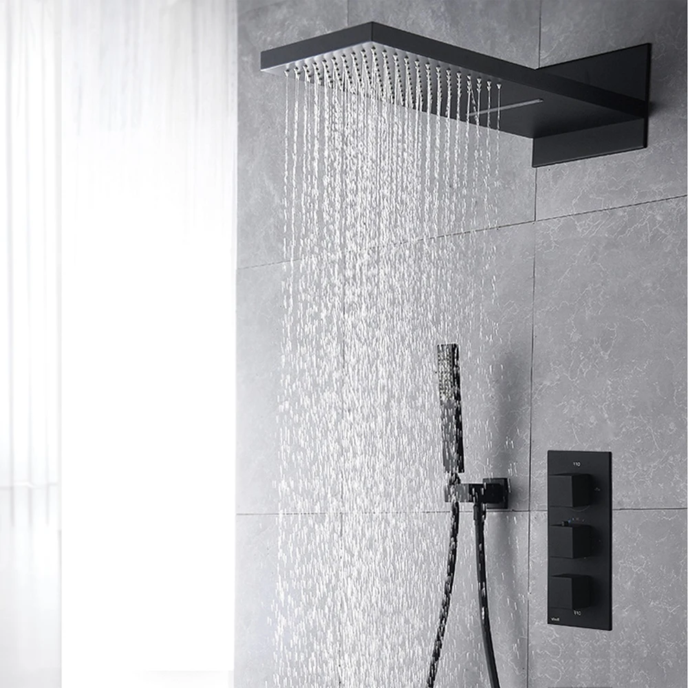 Black Finish Brass In-wall 3 Way Thermostatic Shower Mixer