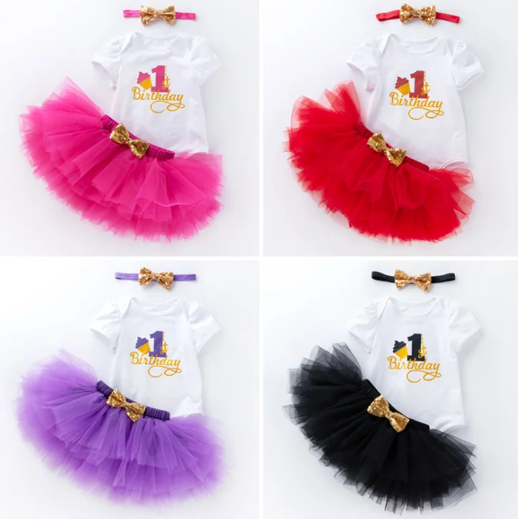 In stock baby suit baby cartoon birthday idea letter baby rompers solid color tutu skirt