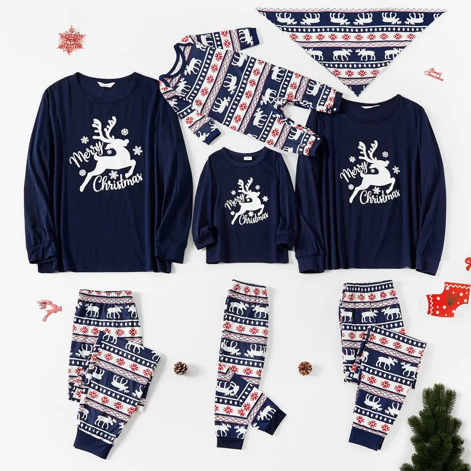 Dad Mom Kid Long sleeve round neck christmas family pajamas sets elk print family pajamas matching christmas