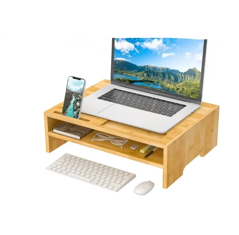Laptop Screen Printer Shelf Stand 2 Tier Bamboo Computer Monitor Stand with Storage Organizer