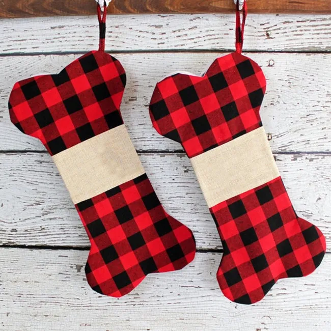 Wholesale Monogram Burlap Red Plaid Dog Bone Shape Christmas Stocking Ornaments