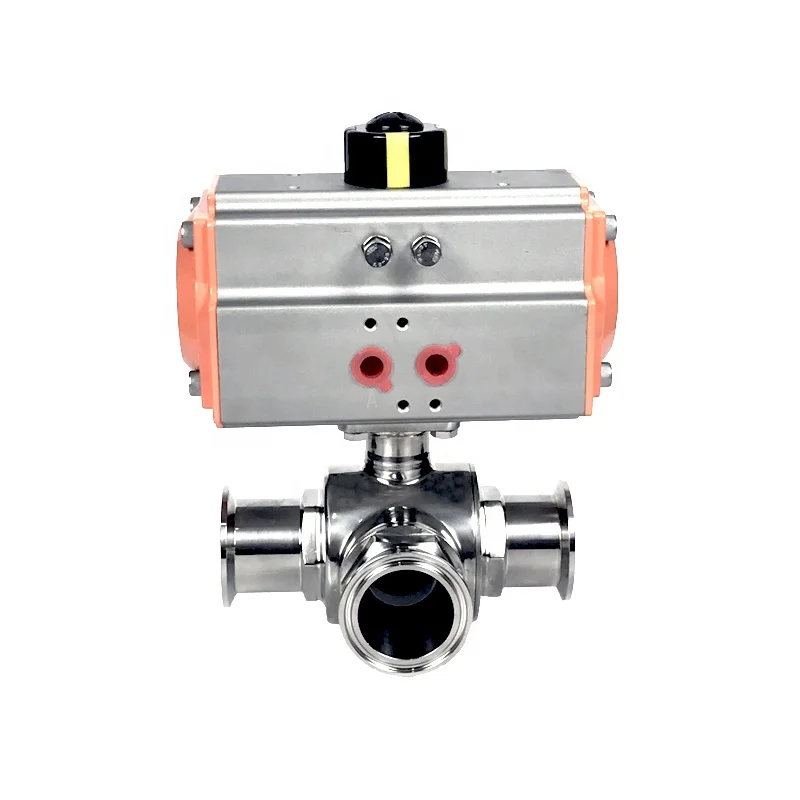 Aohoy 304 316L Sanitary Stainless Steel Tri Clamp Pneumatic three way Ball Valve