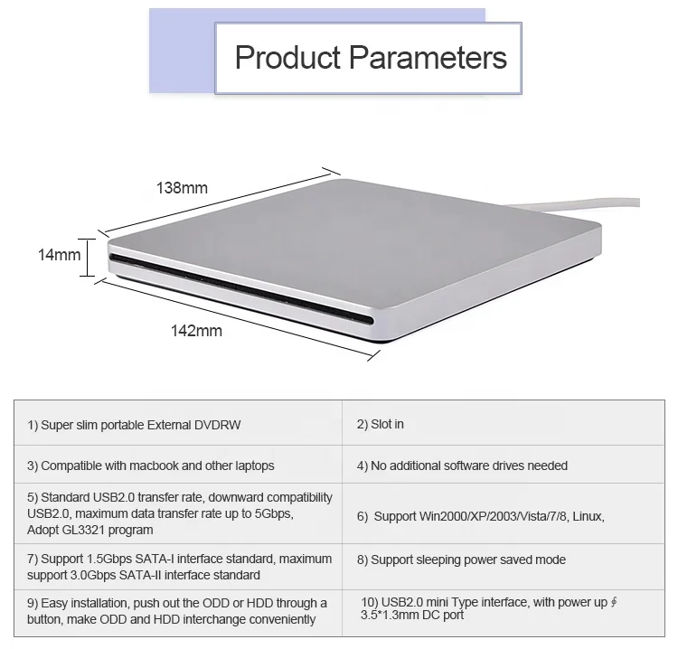 2021 Utra-slim Slot-in Dvd Drive Usb 3.0 External Dvd Burner with High Speed SATA Interface