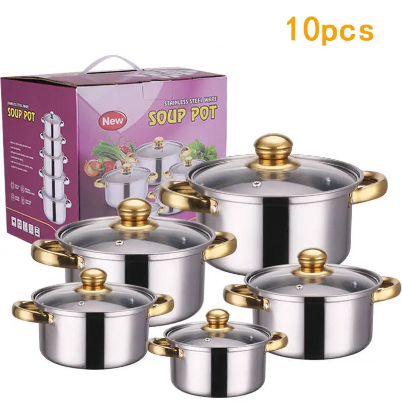 Factory Direct Stainless Steel Non-Stick Soup/Stew Pot Set with Gold-Plated Handle Kitchen Cookware Set/Cookware Set