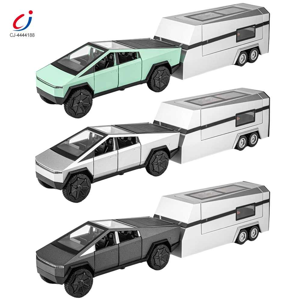 Chengji kids metal cybertruck trailer toy die cast car 1:24 model sound light pull back pickup truck cybertruck toy rv camper