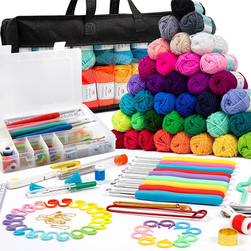 DIY 113-Piece Crochet kit Wool Crochet Set Beginner Knitting Tool Set Portable Travel Crochet Bag Material Package for Knitting