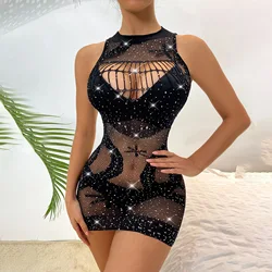 Rhinestone sparkle transparent fishnet body stocking hollow out flower mature women erotic bodys tocking dress sexy lingerie