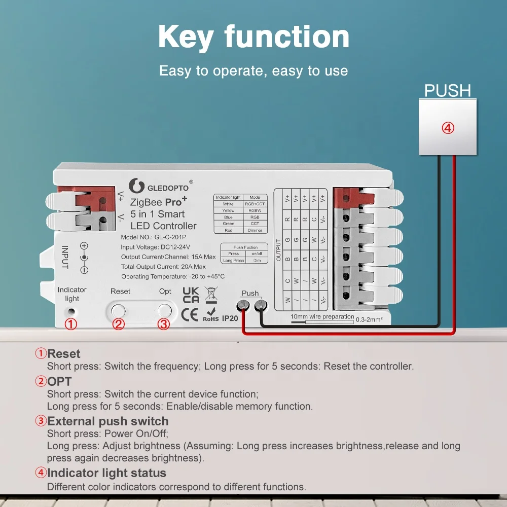 NEW Gledopto 5 in1 zigbee 3.0+2.4 G RF smart LED Controller  with Push Switch DC 12-24 v 20 A Max  Color Temperature Regulation