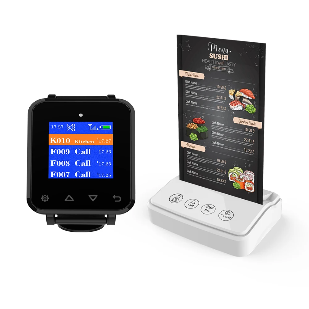 Artom Wireless menu stand call system with waterproof watch receiver set in different language