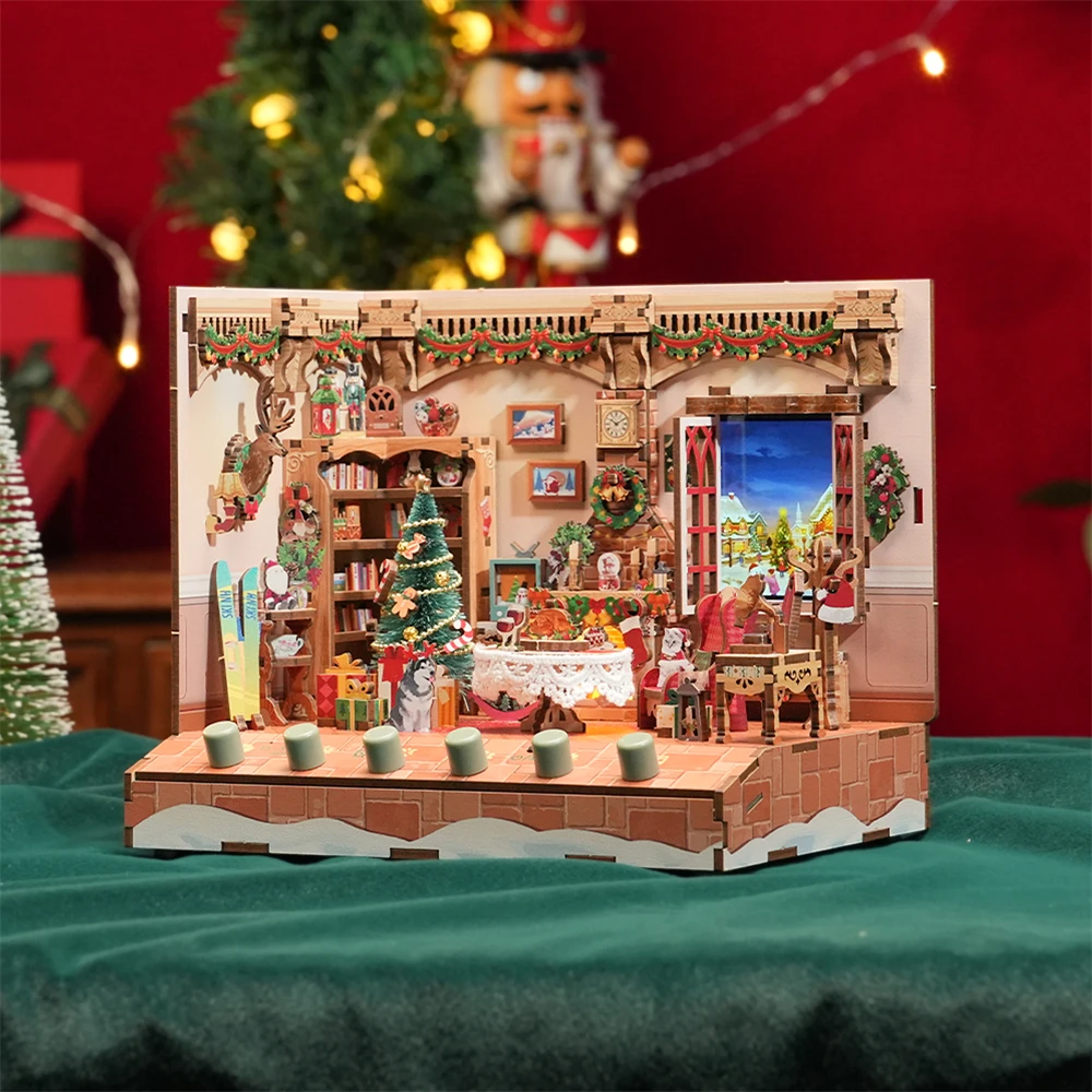 Tonecheer The Christmas Cottage Sound Machine Christmas Toys Hand-Made Wooden Lcd Lighting Craft For Kids Decoration Supplies