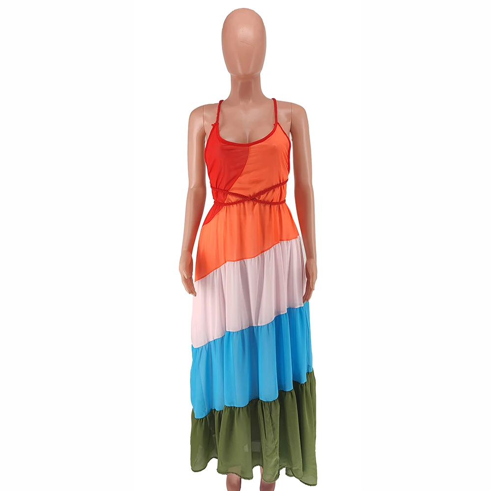 Wholesale Pleated Chiffon Dresses Elegant Lace Up Halter Maxi Dress Women Ladies Printed Sleeveless Casual Long Chiffon Dress