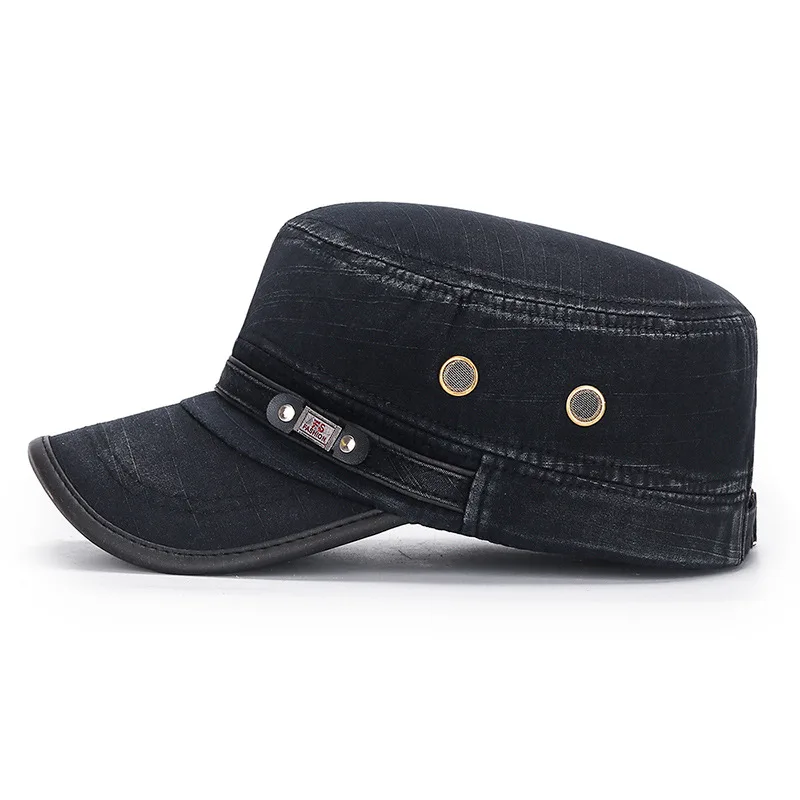 Washed distressed with leather edge retro faded cotton hat for men and women flat top cap wholesale stock