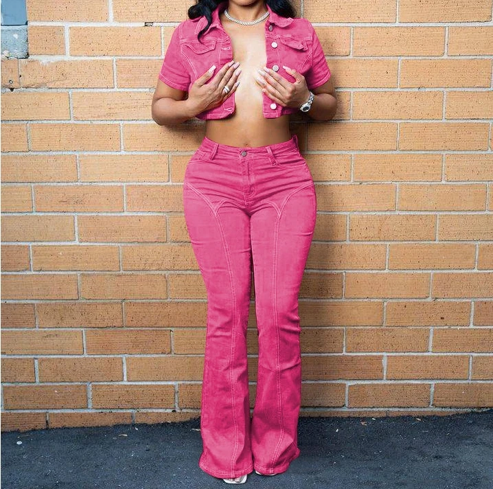 QY12135 Spring 2024 Women Clothes Button Crop Tops And Flare Jeans Womens Denim Suit Candy Color Denim Two Piece Pants Set