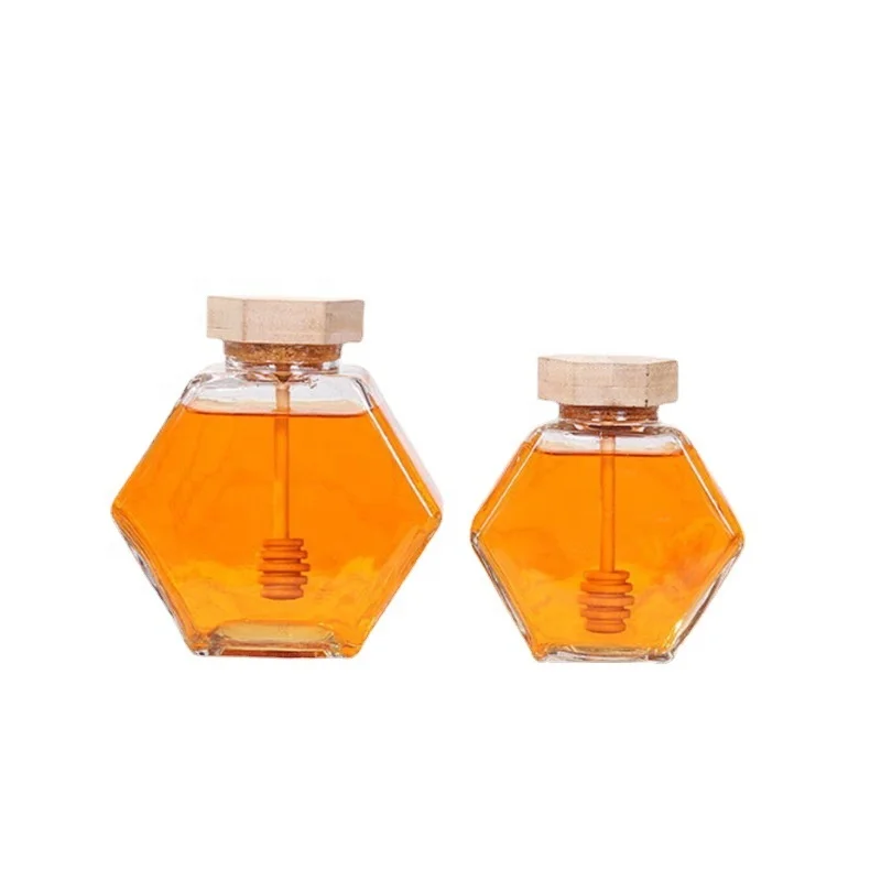  Unique Design hexagonal glass bottle for honey 50ml 100ml 220ml 280ml 370ml 760ml luxury jar with wooden