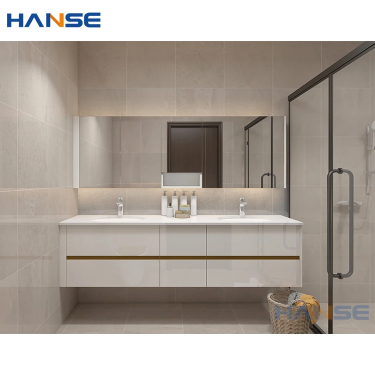 Luxury wall mounted floating mdf wooden panel bathroom vanity cabinet design with waterproof led mirror and ceramic sink basin