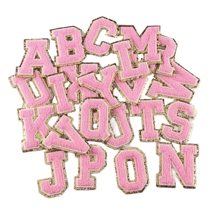DOY Label Chenille Embroidered Parches Supplier Custom Alphabet Glitter Towel Embroidery Letter Patches for Clothing