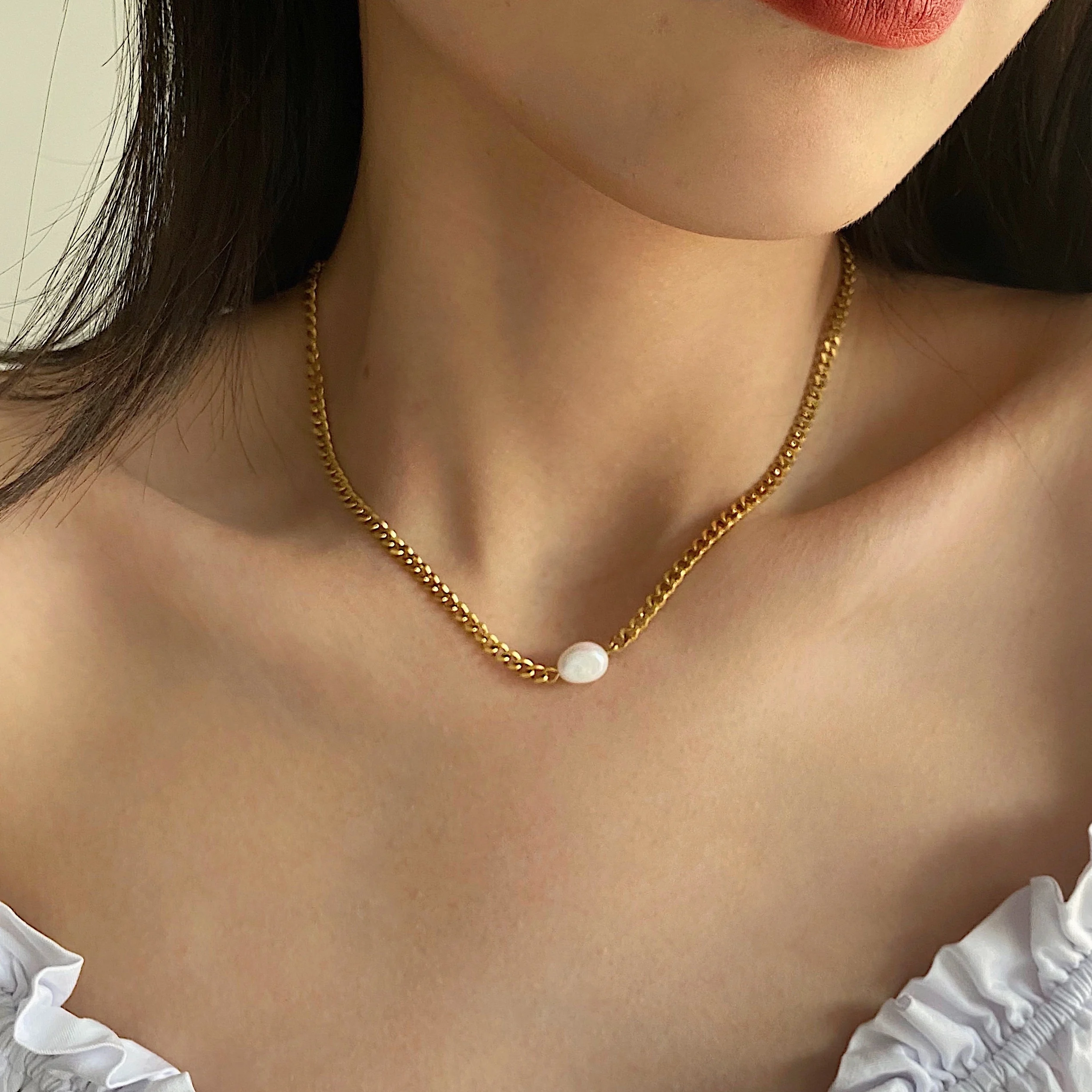 Stainless Steel Cuban Link Chain Natural Pearl Charm Necklace Curb 18K Gold Plated Necklaces Women French INS Elegant Jewelry