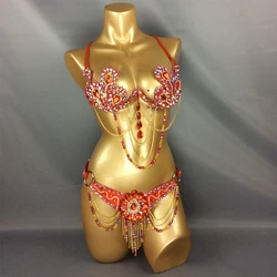Dance Stage Performance Sexy Gymnastics Leotards Sexy Belly Dance Costume Samba Carnival Bra Belt Rainbow Stone