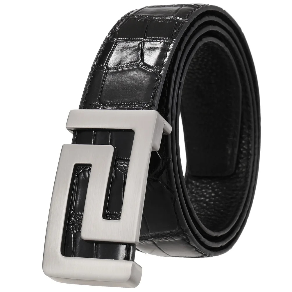 3.4cm Wide Luxury Convenient Daily Use Smooth Plain Buckle Cowhide Leather Belt for men Gentlemen