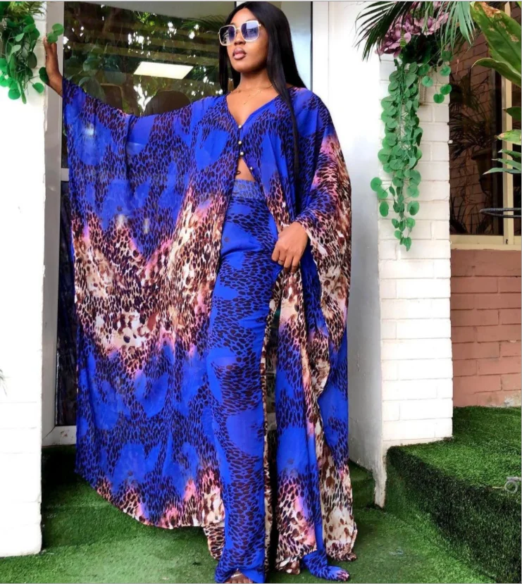 H & D African Fashion Women Robe Printed Leopard Print Chiffon Summer Loose Trousers Two-piece Suits