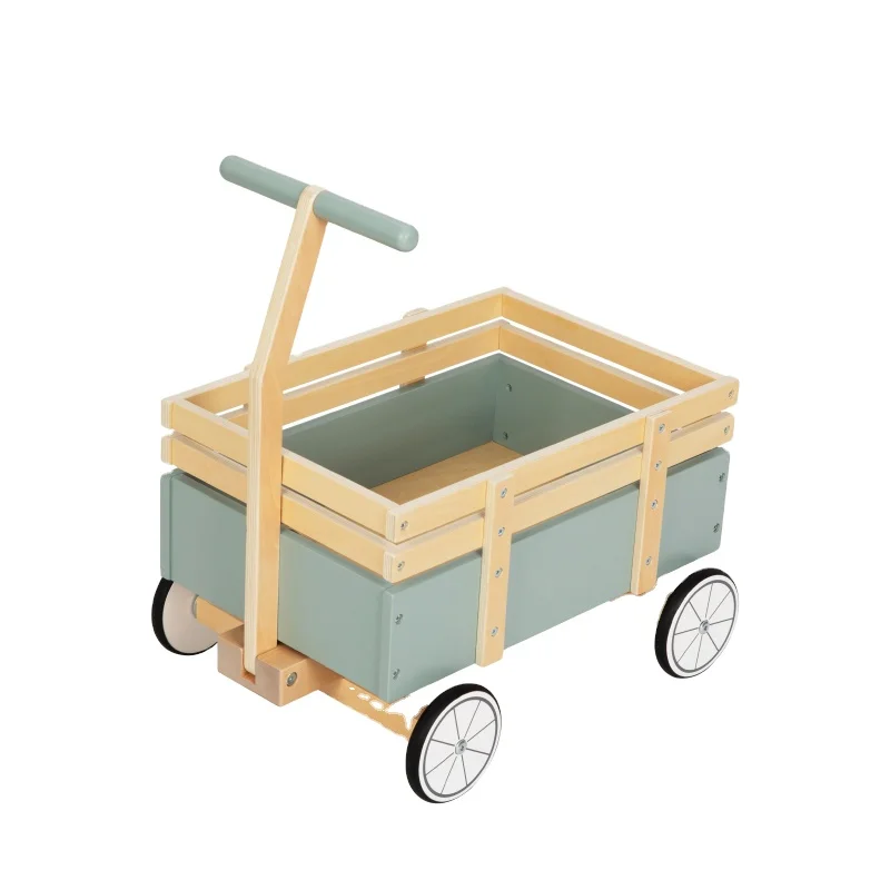 Wooden Toy Wagon Trolley Wheels Baby Walker Handling and Storage Push Pull Cart Outdoor Yard for Kids