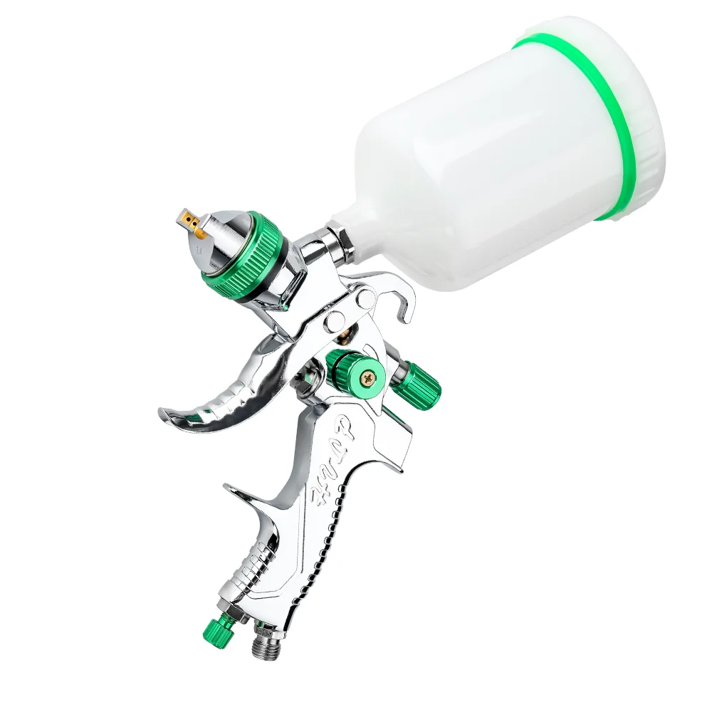 Professional Auto Body Paint Spray Gun Kit - HVLP Gravity Feed with 1.4mm/1.7mm/2.0mm Nozzle, Green Finish for Car Repair.